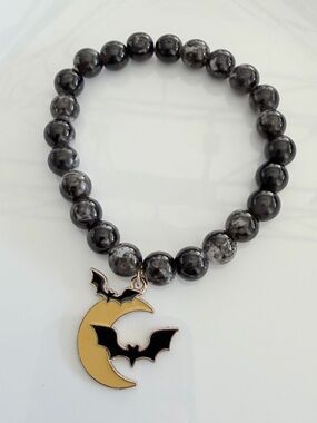 Black Beaded Bracelet with Moon & Bat Charm